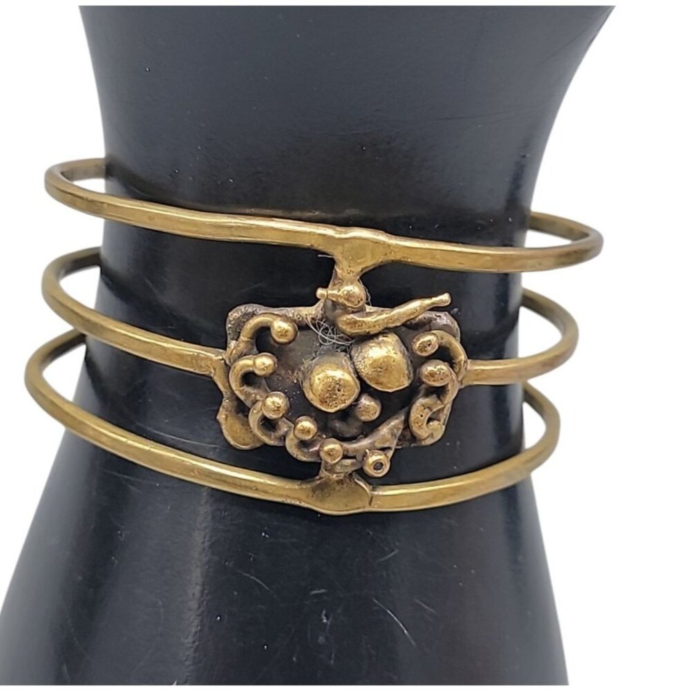 Brutalist Bird Cage Wide Open Cuff Bracelet Vintage 1970s Style Size 6 Gold Tone